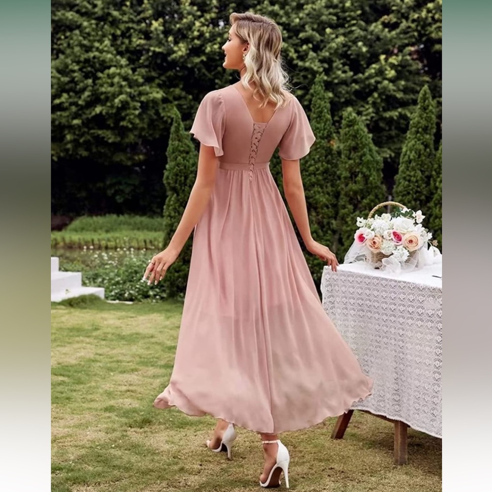 Women's Black High Low Bridesmaid Dresses Chiffon Short Sleeve V Neck - Picture 3 of 4